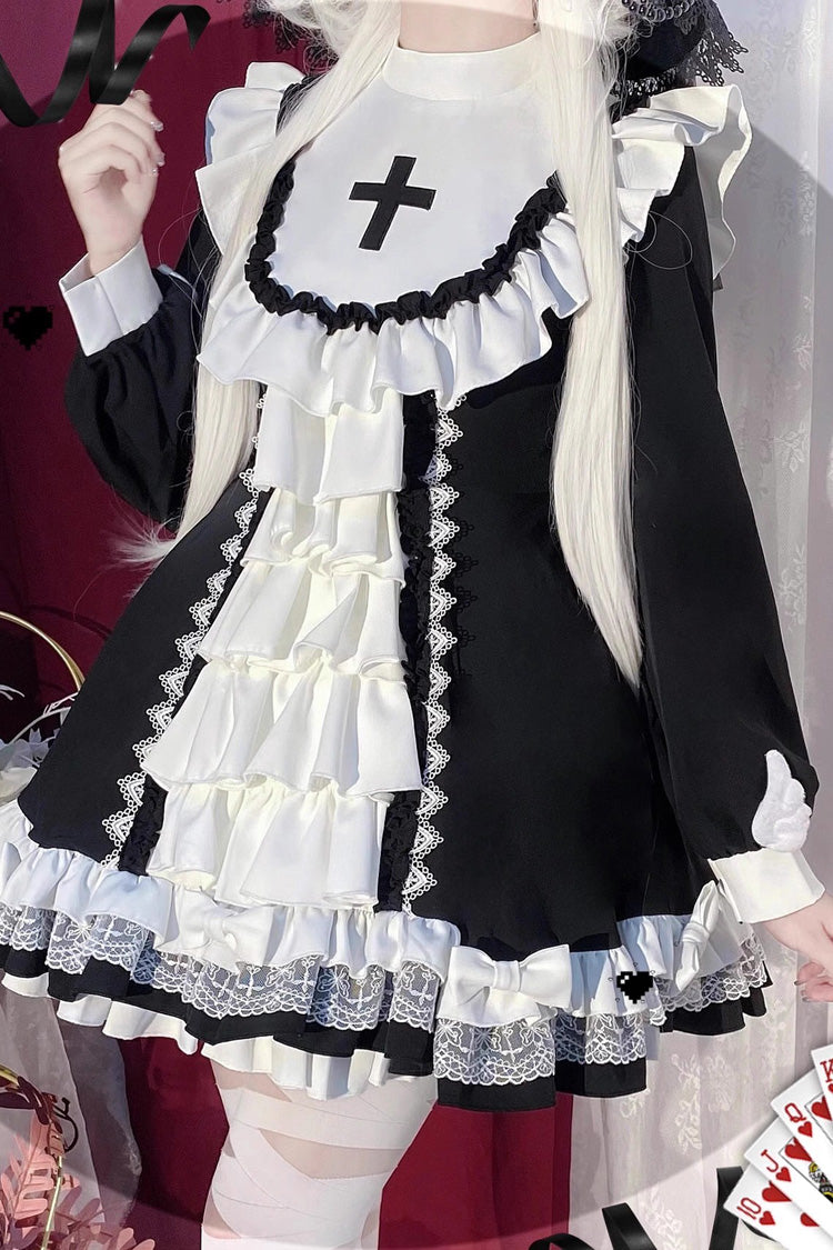 Long Sleeves Multi-layer Cross Print Nun Style Ruffle Gothic Lolita Dress