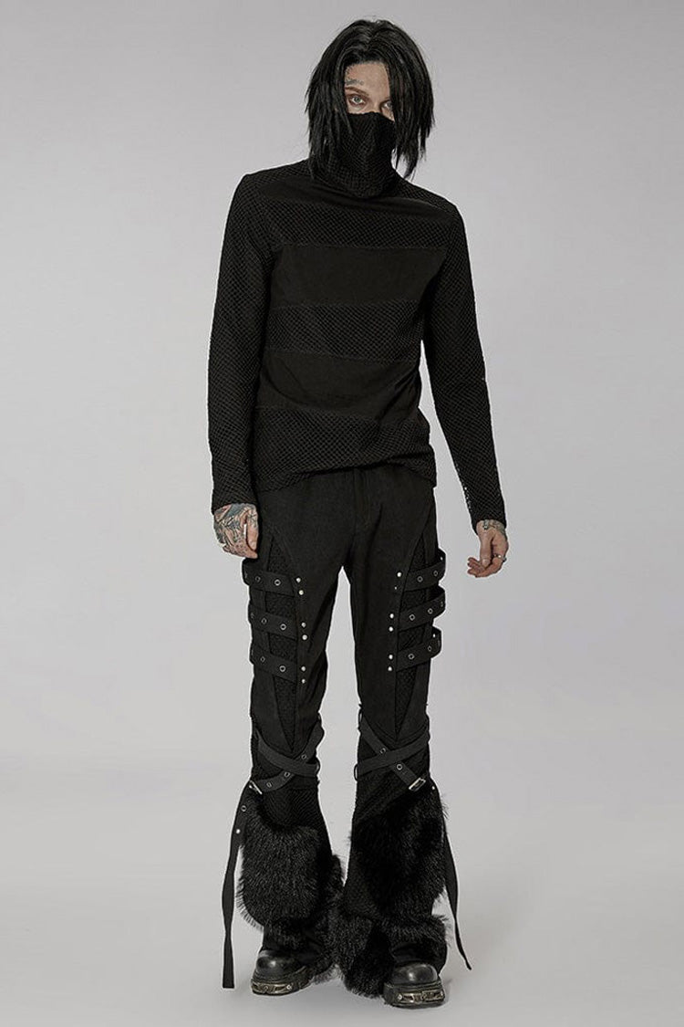 High-Collar Masked Mesh Long-Sleeve Punk Tee