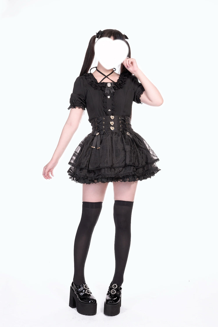 Triple-Layered Bow Lace-Up Organza Sweet Jirai Kei Skirt