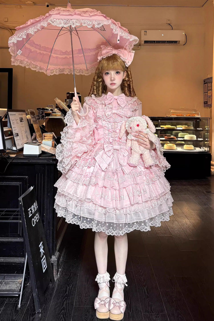 Pink Love Overture Multilayer Ruffled Bowknot Lace Sweet Lolita JSK