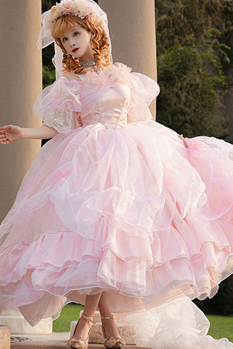 Off Shoulder Short Sleeve Multi-Layered Ruffled Hanayome Bow Lace Sweet Plus Size Lolita Dress - Pink
