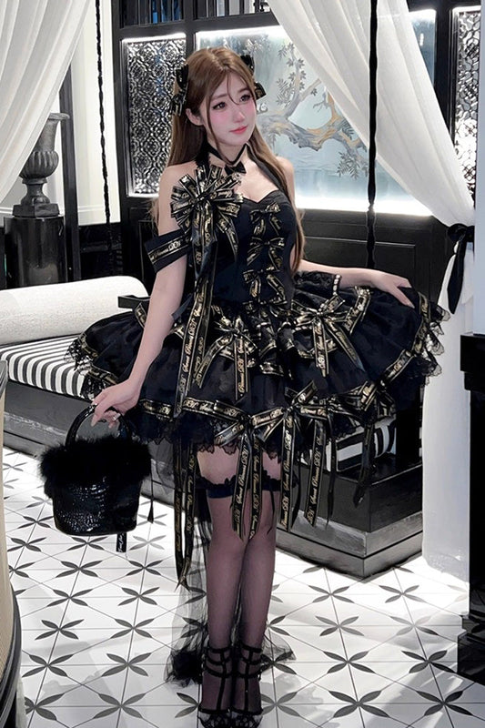 Noir Halter Neck Layered Ruffle Bow Princess Gothic Dress - Young Lady