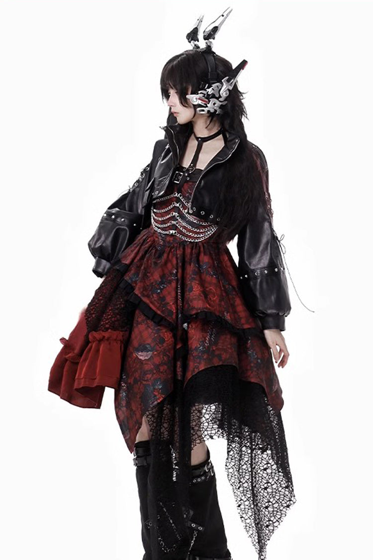 Crimson Bloody Strawberry Tears Print Sleeveless Frill Bow Lace Asymmetrical Gothic Lolita JSK
