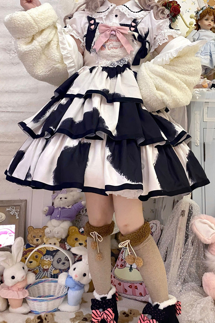 Black Sleeveless Triple Layer Cow Print Ruffle Bow Sweet Jsk
