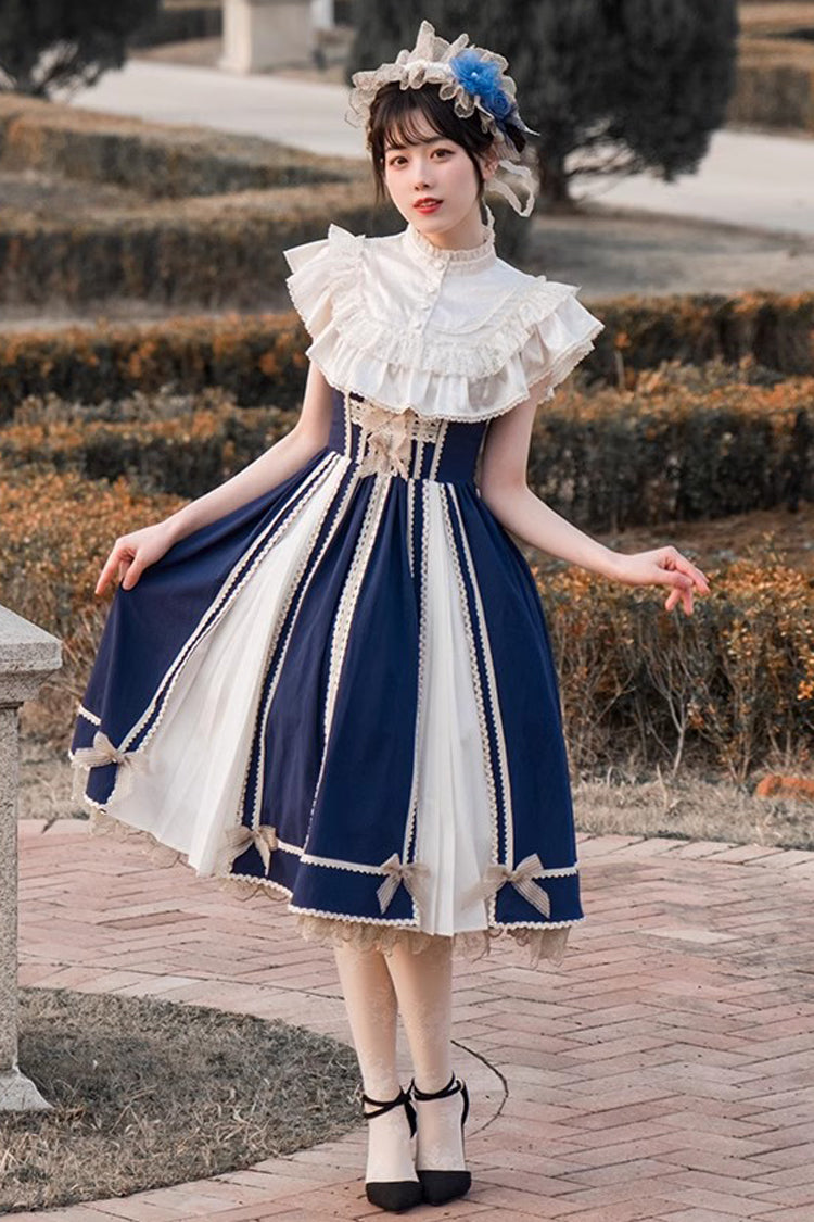 Blue White Color Contrast Sleeveless Classic Dress
