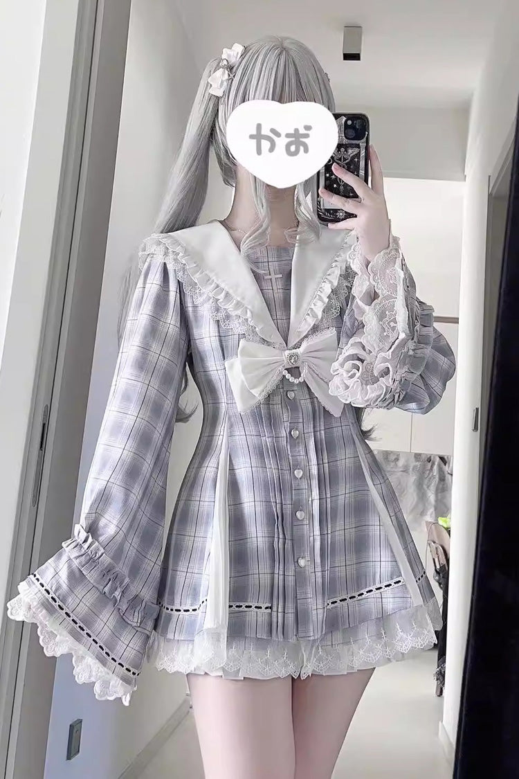 Dark Night Prayer Square Collar Long Sleeve Bow Lace Pearl Sweet Jirai Kei Dress and Shorts Set