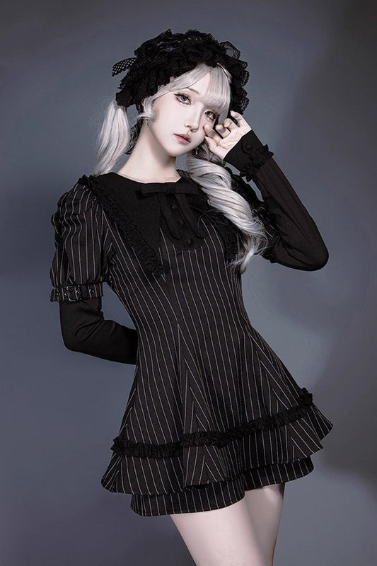 Black Long Sleeve Vertical Stripe Print Ruffled Bow Jirai Kei Witch Set