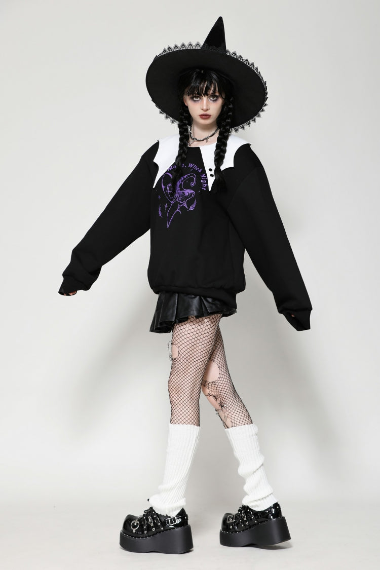 Monochrome Gothic Vintage Sweatshirt with Peter Pan Collar and Long Sleeves