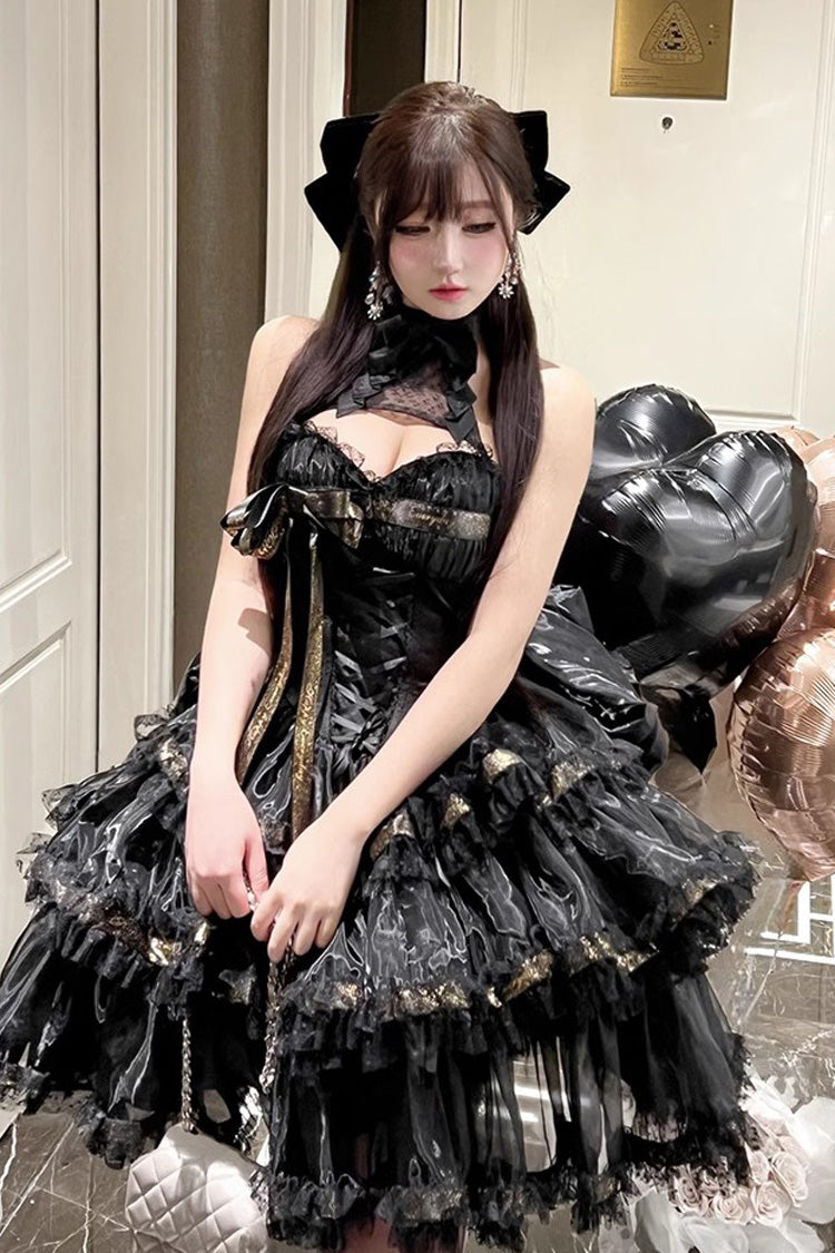 Black First Kiss Halterneck Triple-Layered Ruffle Lace Gothic Princess