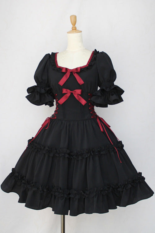 Black Square Collar Short Sleeve Bowknot Gothic Dress