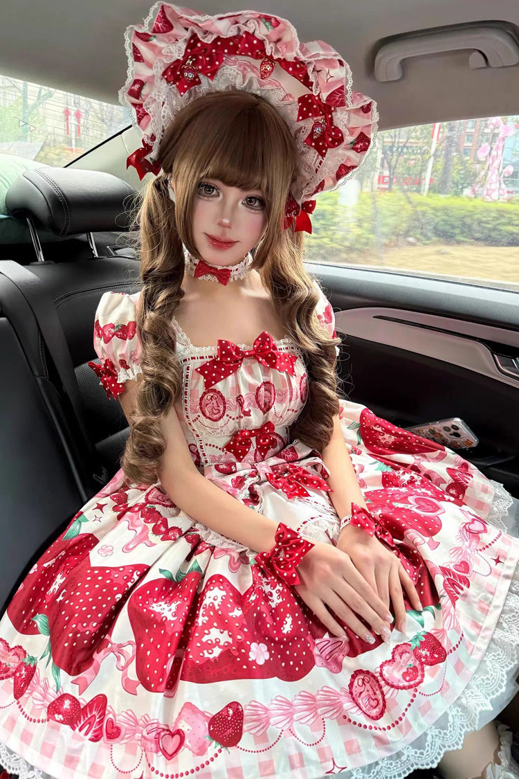 Dream to Strawberry Print Short Sleeve Ruffled Bow Lace Sweet Lolita OP Dress - 4 Colors