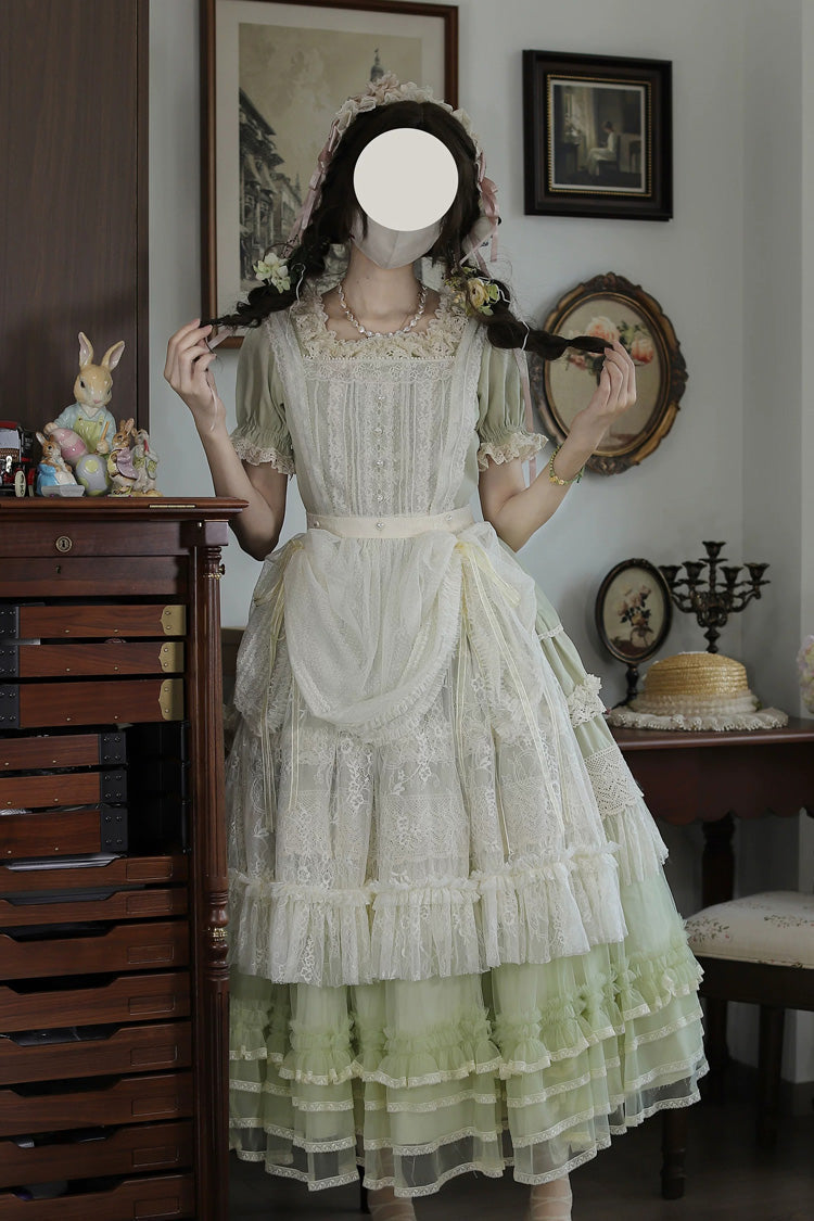 Vintage Ball Square Collar Lace Pearl Sweet Dress in Muscat Green
