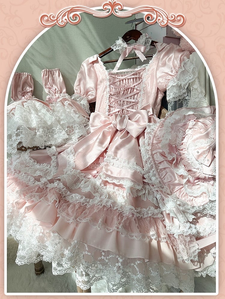 Sleeves Princess Bow Detachable with Dress Sweet High Waist Accents Lolita Pink