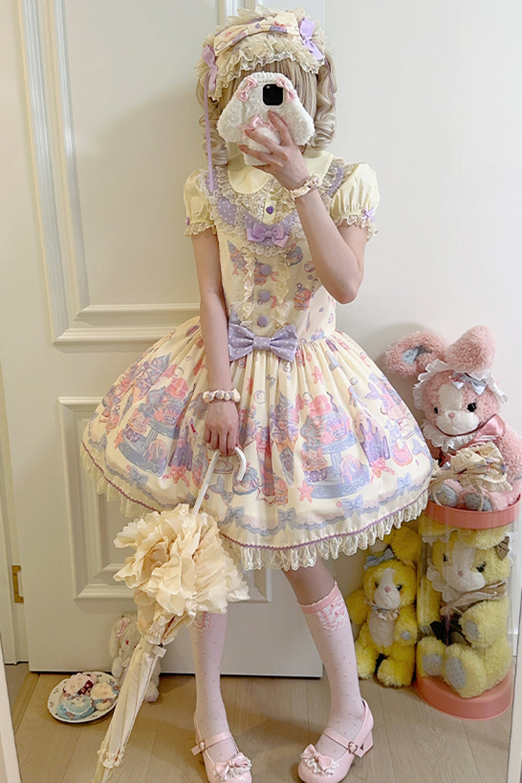 Mermaid Print Bowknot Lace Strap Dress - Light Yellow