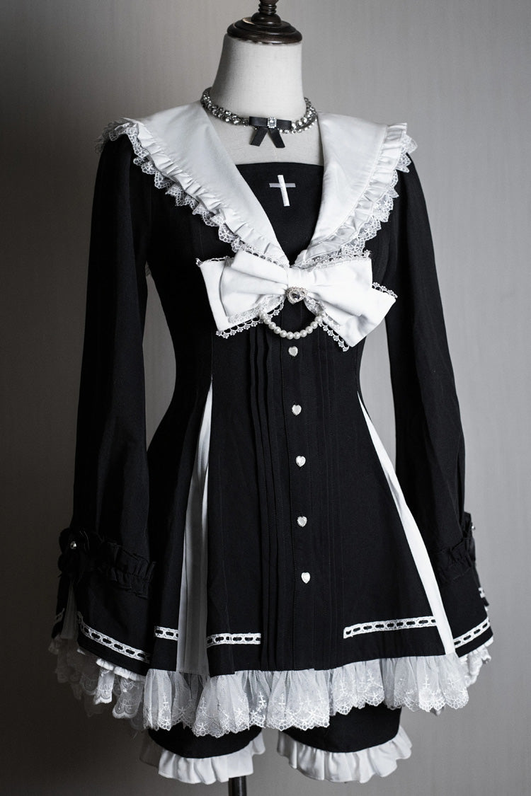 Dark Night Prayer Square Collar Long Sleeve Bow Lace Pearl Sweet Jirai Kei Dress and Shorts Set