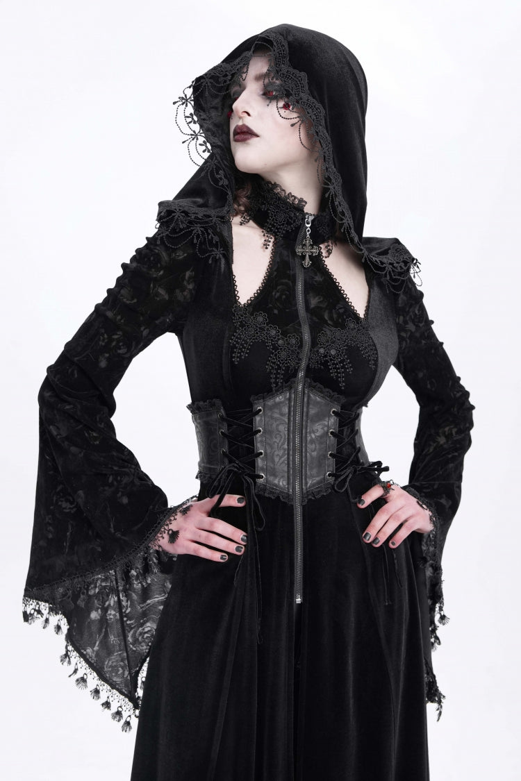 Black Long Sleeves Cutout Embroidered Hooded Ripped Gothic Coat Dress