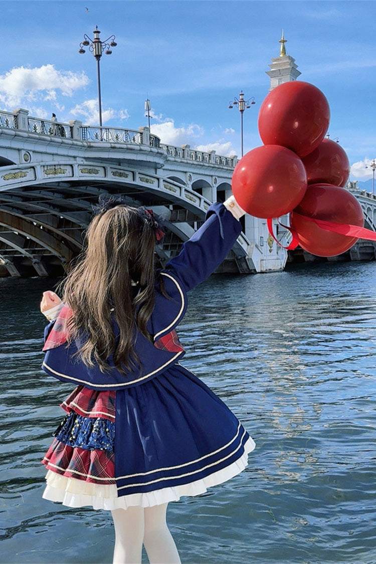 Red Dark Blue Starlight Academy Style Long Sleeves Printed Ruffled Spliced Asymmetric Faux Two-Piece Sweet Dress