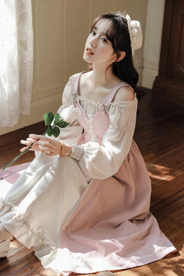 Square Collar Lolita Two-Piece with Lace-Up & Ruffled Details