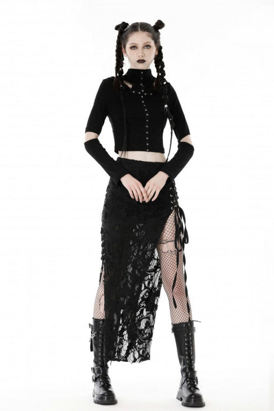 Raven Cross Eyelet Cut-Out Punk Crop Top with Ripped Hood for Women