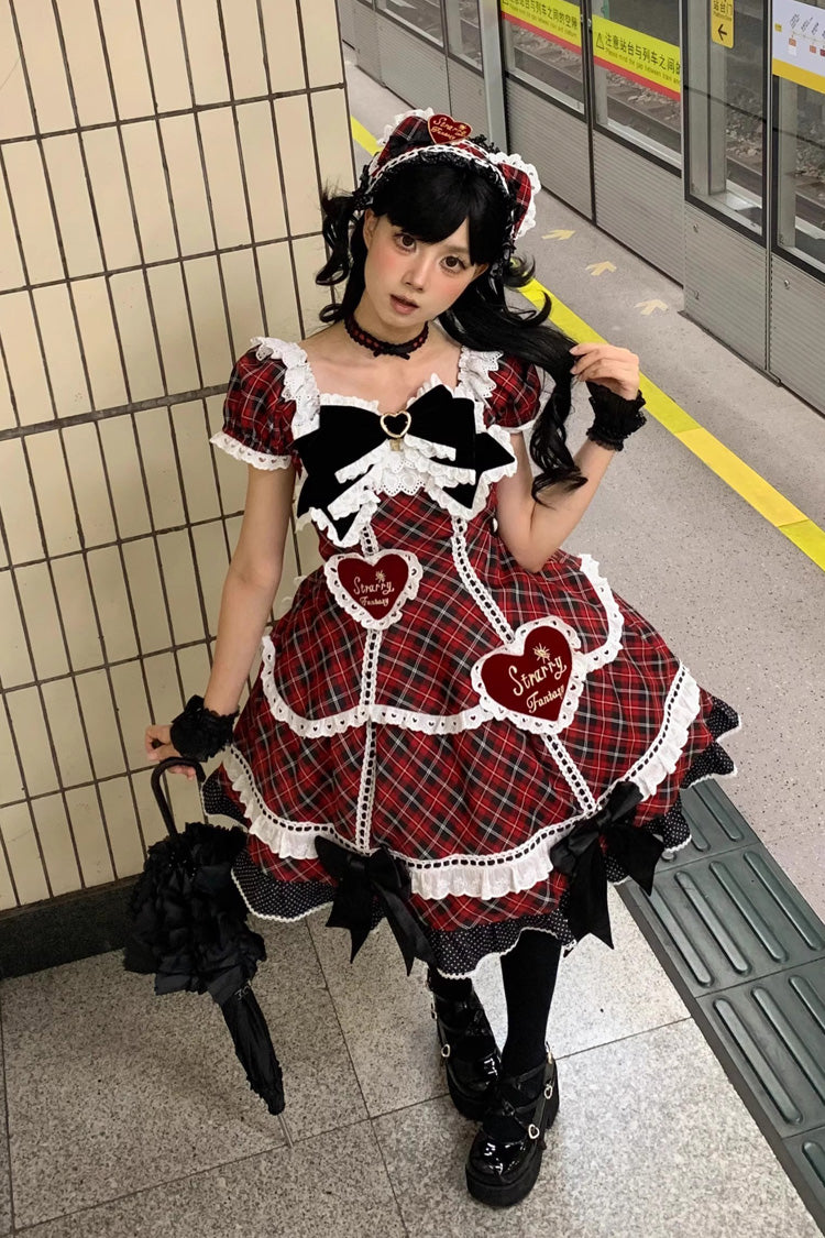 Crimson Shibuya Sweetheart Tartan Print Short Sleeve Frill Bow Sweet Lolita OP Plus Size