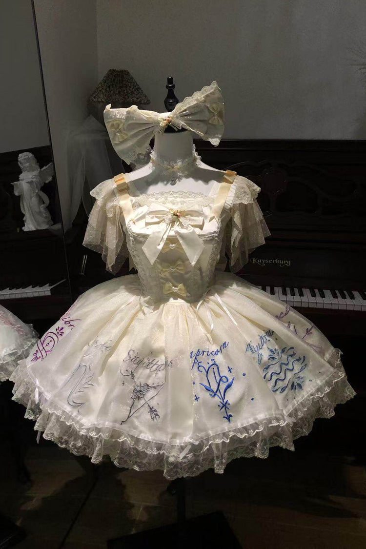 Sleeveless Printed Ruffled Embroidered Bow Sweet Lolita Jsk Dress - The Twelve Zodiac Signs