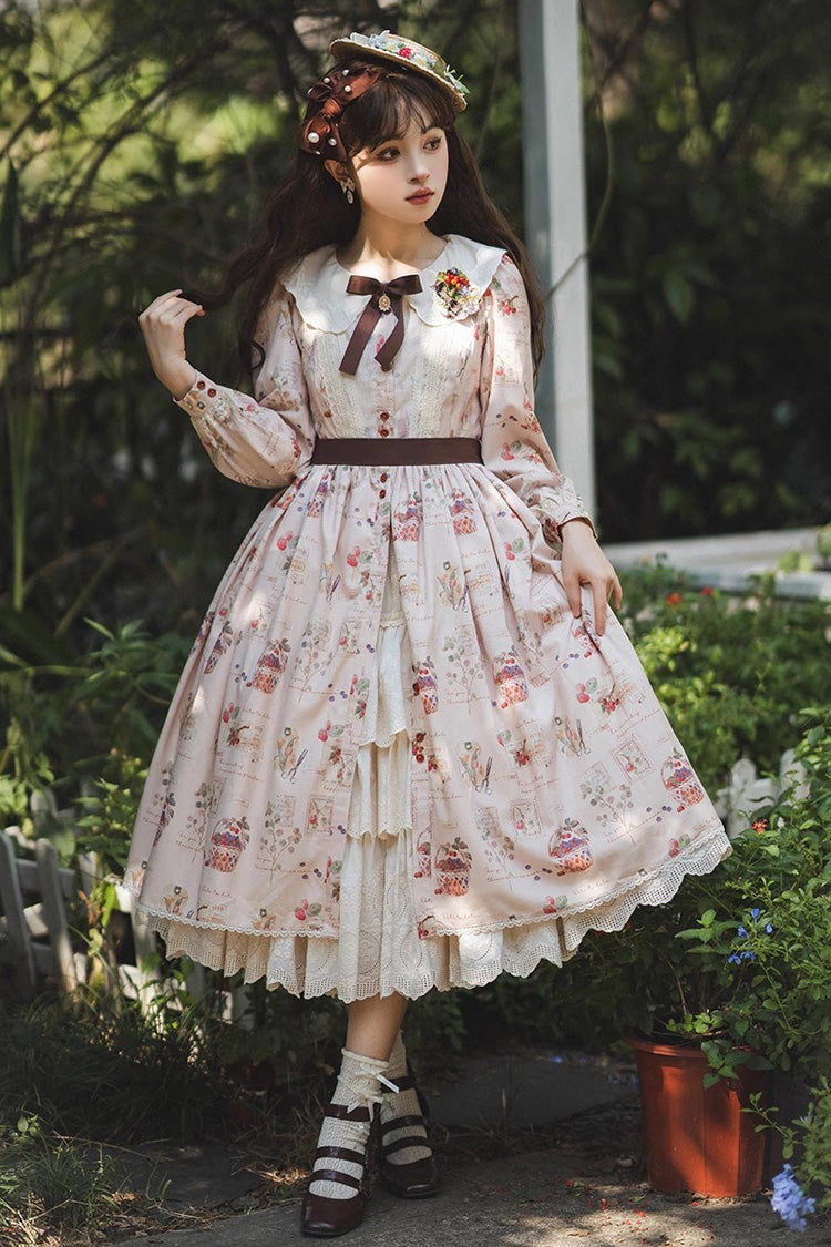Lantern Sleeve OP Dress with Floral Print - Sweet Lolita