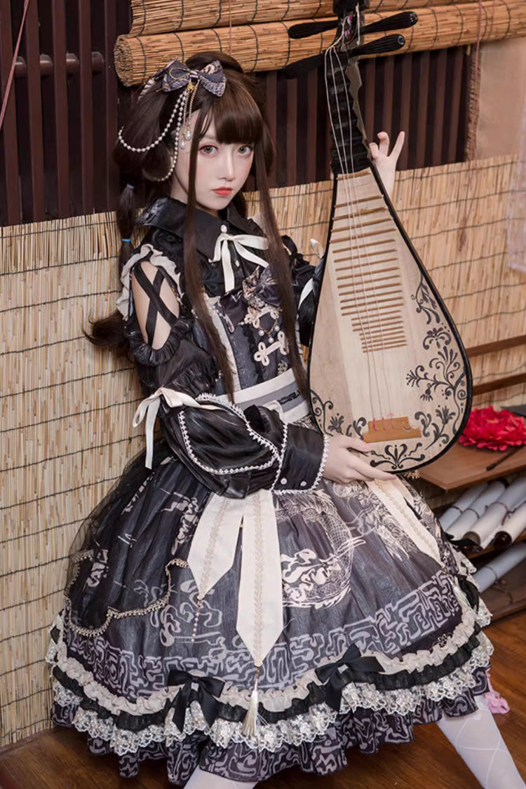 Noir Printed Ruffle Lace Sweet Chinese JSK - Yuelong Poetry