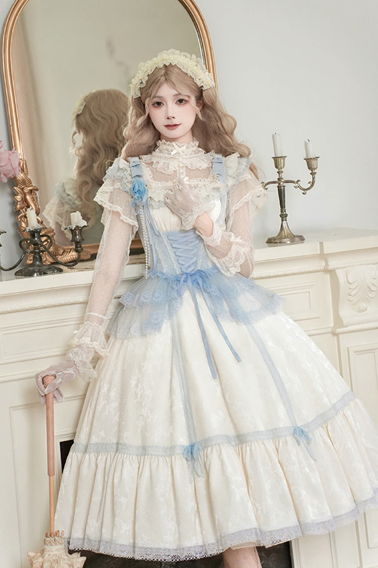 Ivory Square Collar Flutter Sleeve Ruffle Fishbone Sweet Long Jumper - Sea Salt Iced Tea
