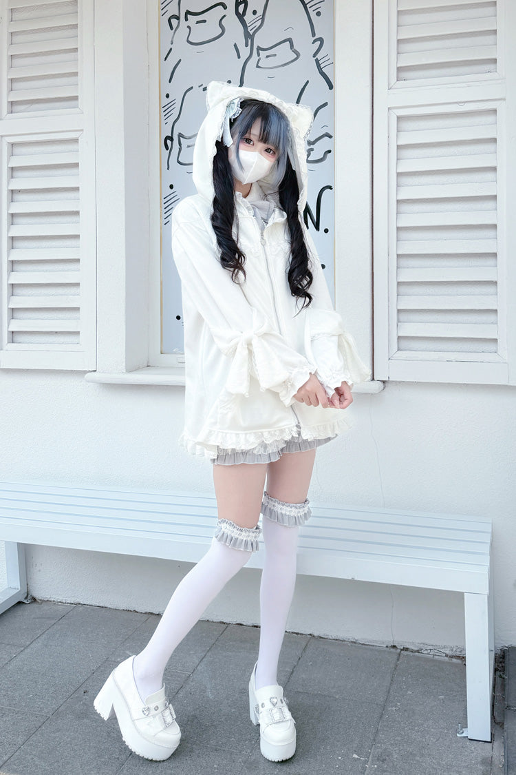 Ivory Cat Ear Hooded Ruffled Bow Accent Dark Jirai Kei Coat