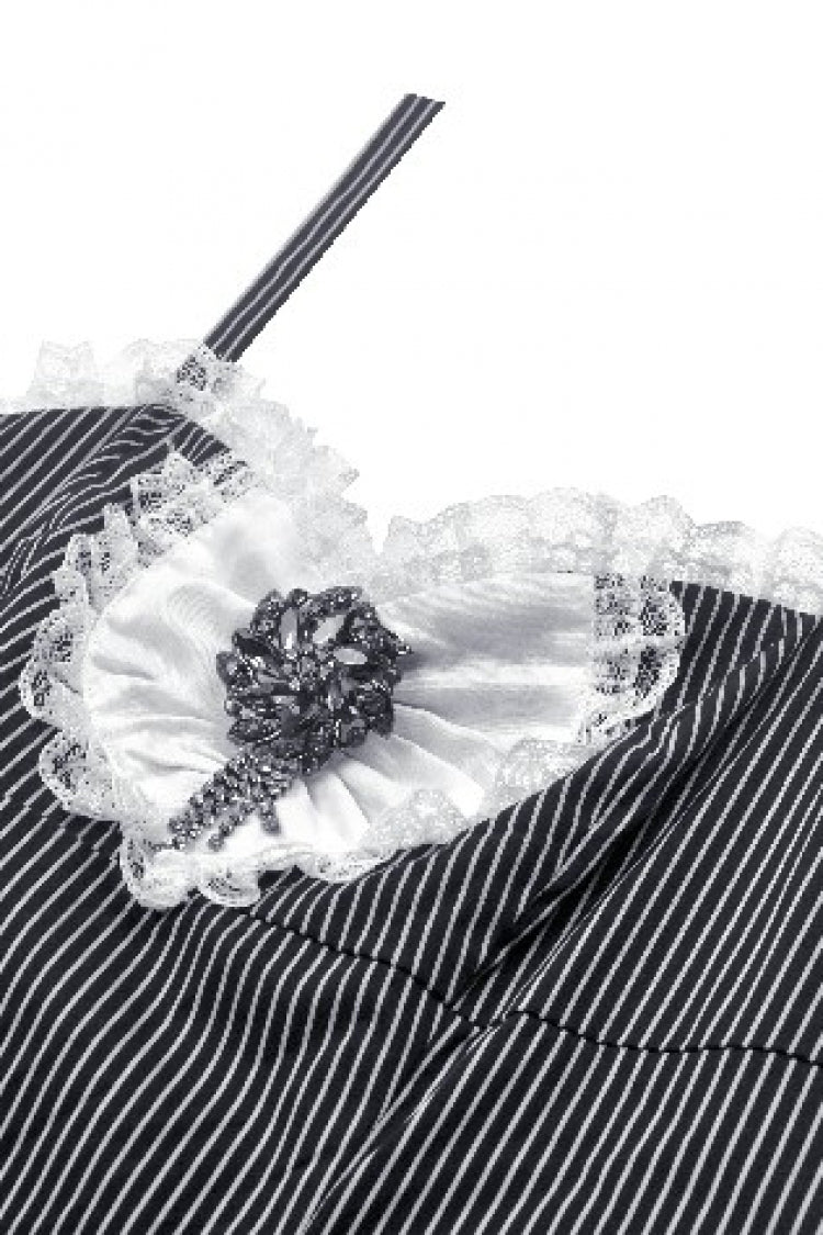 Monochrome Gothic Lolita Slip Dress with Pinstripes and Lace-Up Details
