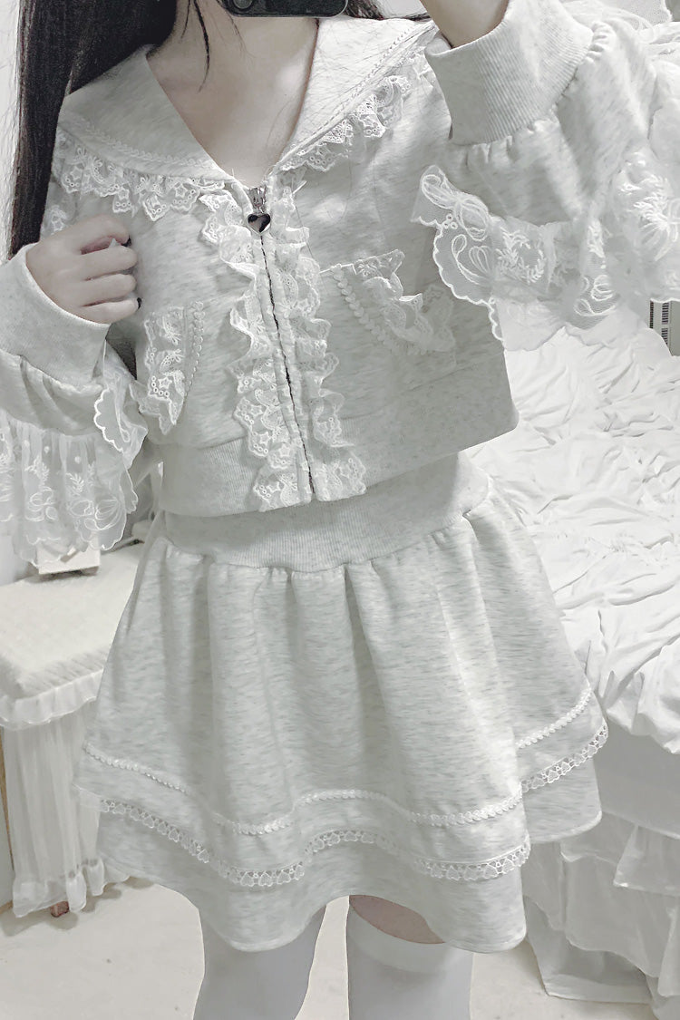 Ash Hooded Jirai Kei Set with Ruffled Lace Accents