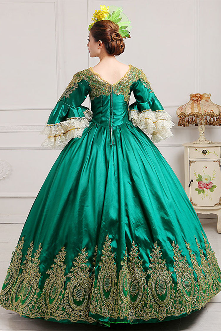 Layered Floral Embroidered Victorian Gown with Fluted Sleeves