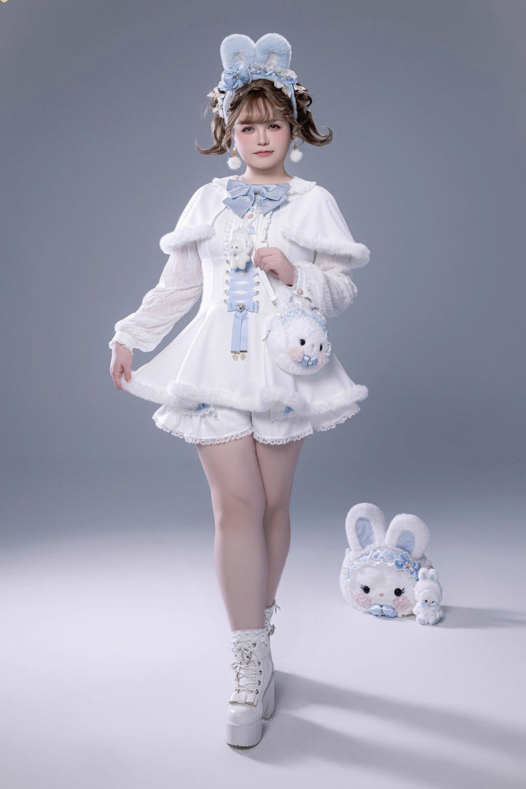 Ivory Ruffled Bow Lace-Up Japanese Dark Jirai Kei Plush Set