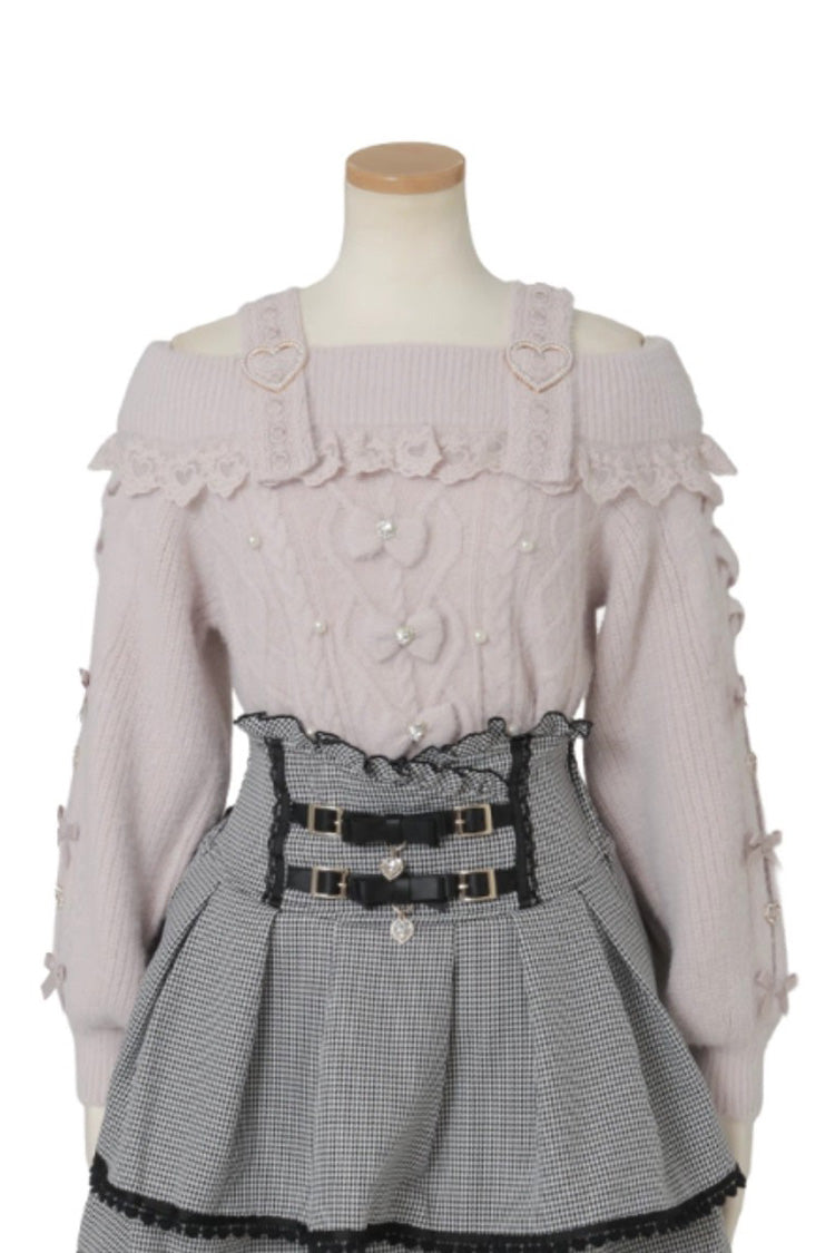 Fluffy Heart Elegant Knit Top with Boat Neckline and Sleeve Bows