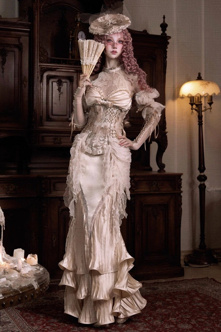 Halterneck Ruffled Embroidered Bow Lace Slim Fishbone Gothic Lolita Top and Skirt Dress Set