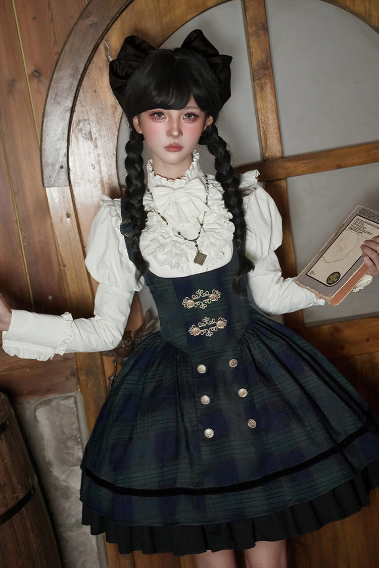 Berlin's Letter Double-Layered Plaid Ruffle Bowknot College Strap Dress