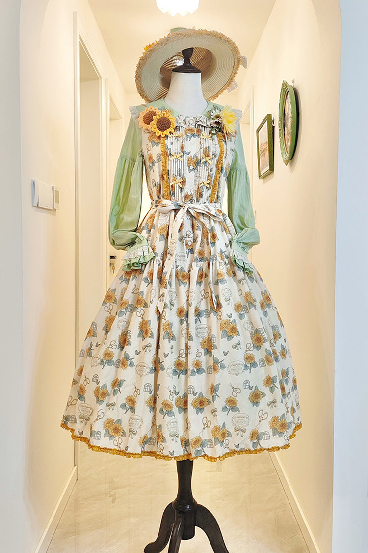 Apricot Sunflower Sleeveless Floral Bow Elegant Jsk Dress