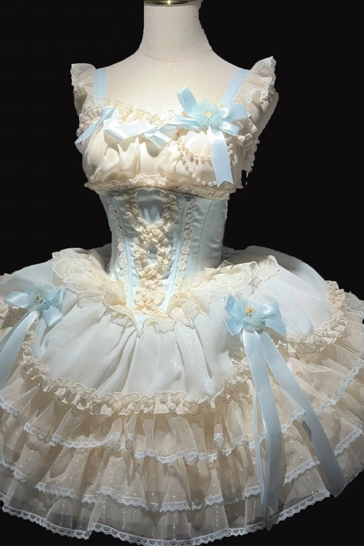 Flowing Light Gift Box Square Collar Sleeveless Layered Ruffle Bow Ballet Lolita JSK Dress