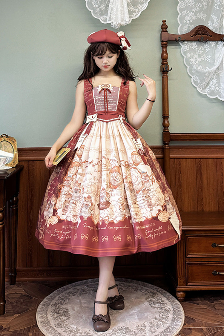 Wine Red Fox Print Square Collar Bowknot Classic Lolita Jumper