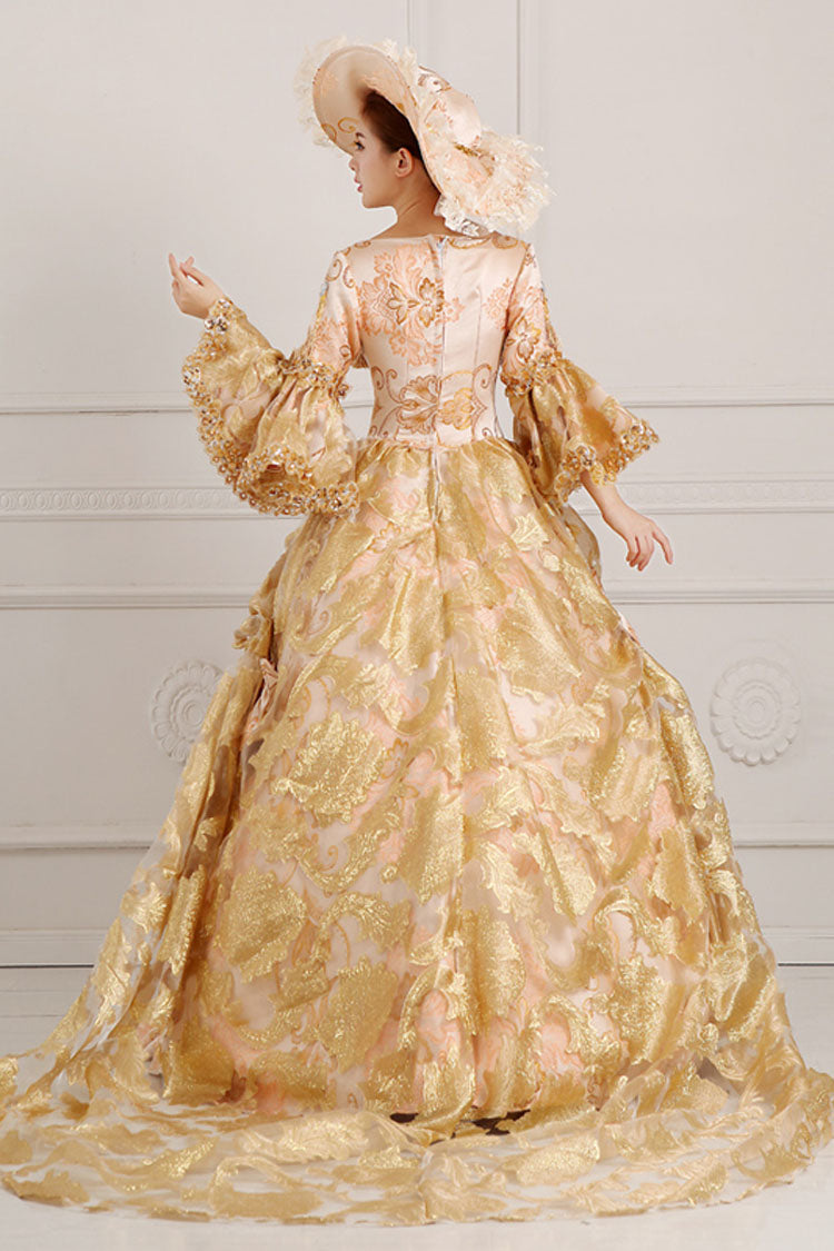 Beige Victorian Dress with Bow and Embroidered Floral Pattern - Altfashion Shop