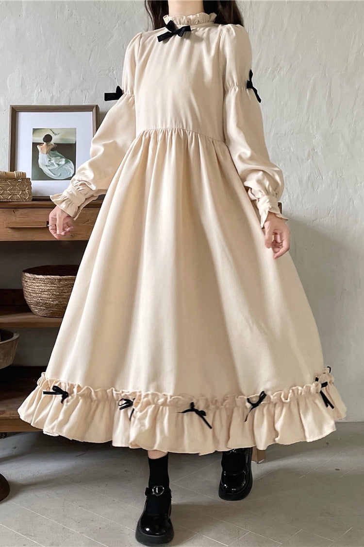 Noir/Apricot Puff Sleeve Bow Ruffle Sweet Dress - Japanese Style
