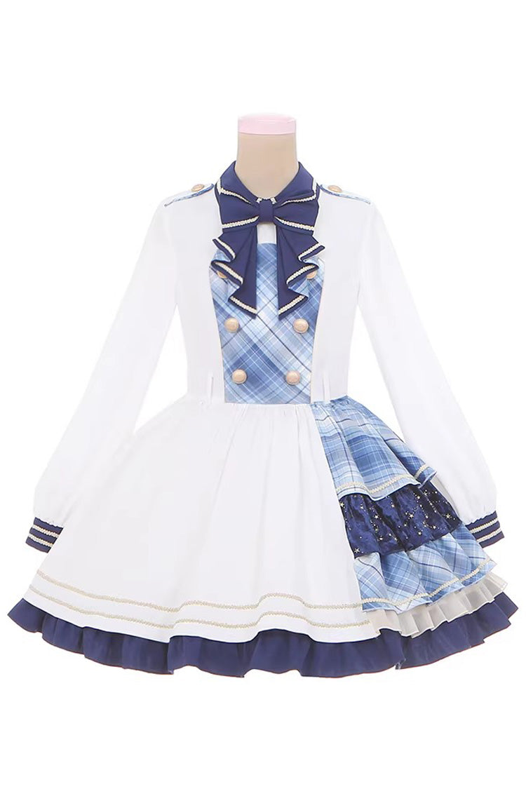 White Blue Starlight Academy Style Long Sleeves Printed Ruffled Spliced Asymmetric Faux Two-Piece Sweet Dress