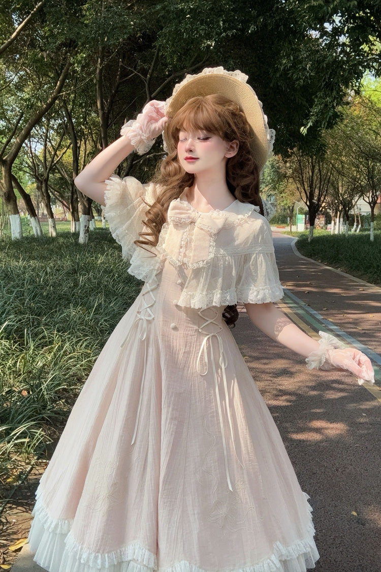 Wind Chime Lolita Dress with Embroidered Bow & Lace-Up Front