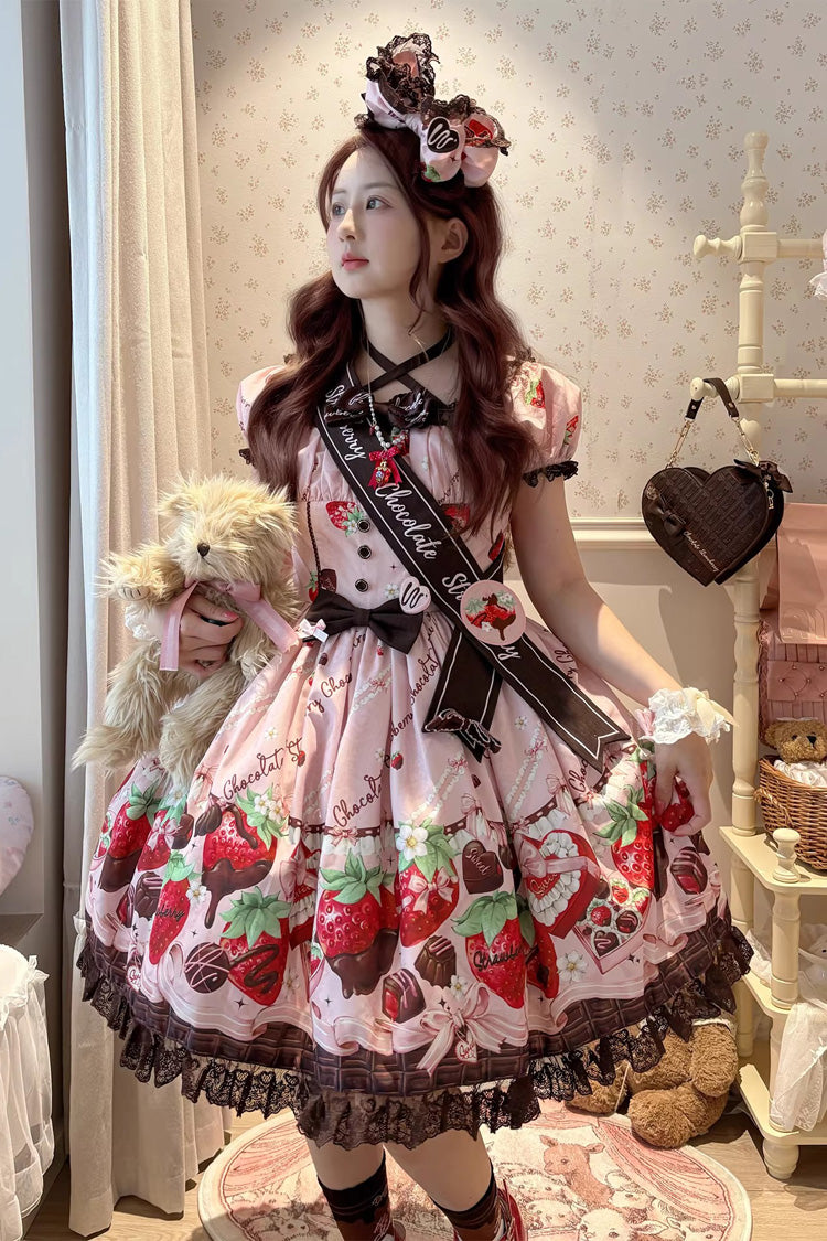 Square Collar Short Sleeves Printed Ruffled Bow Lace Sweet Lolita Dress - Strawberry Chocolate Lover