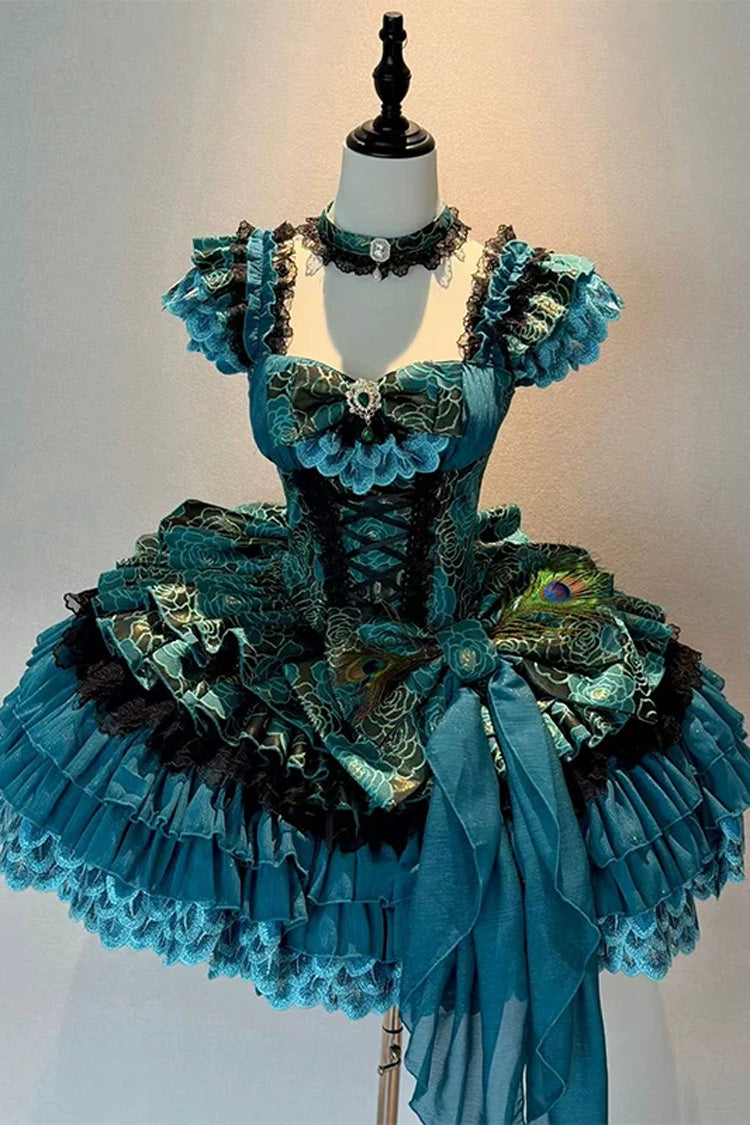 Peacock Spirit Princess Multi-Layered Ruffled Bow Lace-Up Classic JSK