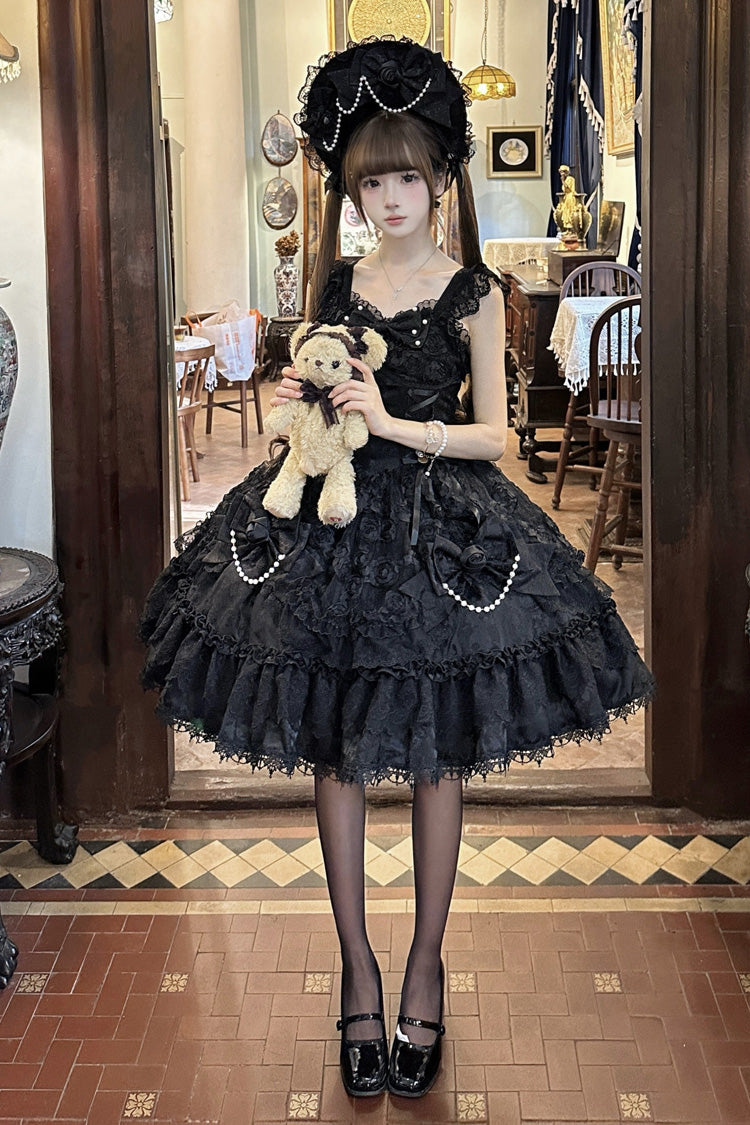 Onyx Sleeveless Ruffle Bow Lace Corset Gothic Ballet Jumper Dress - Rose Princess