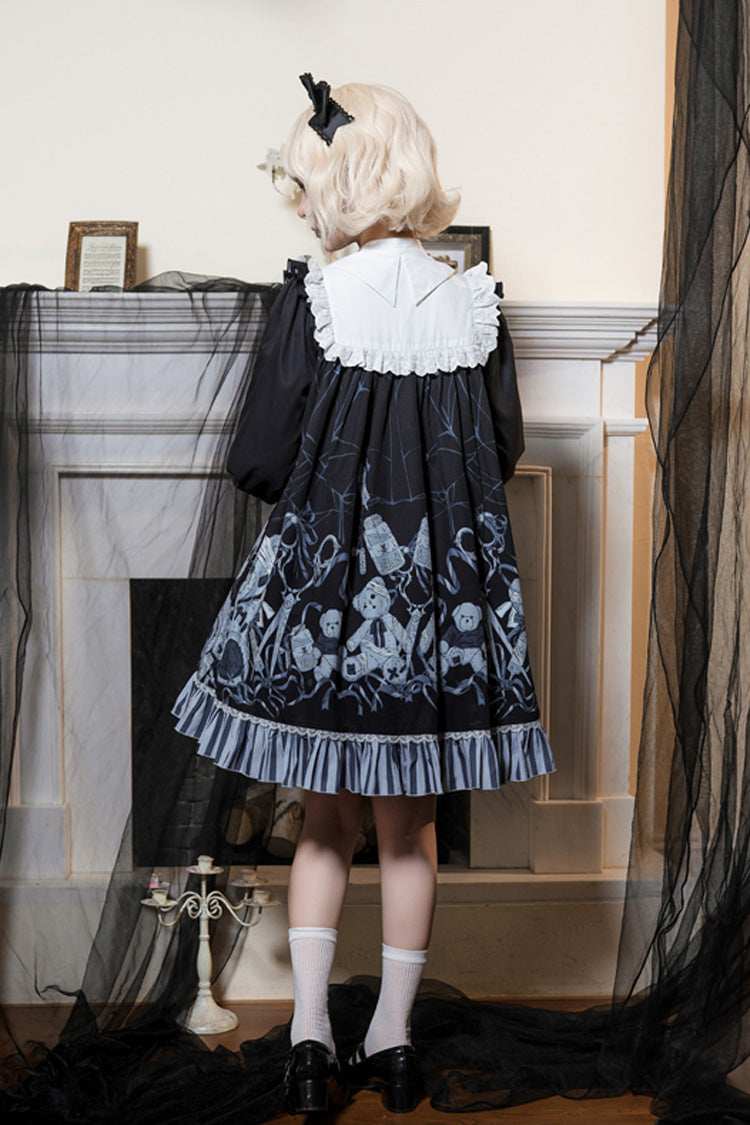 Black Bandage Bear Print Long Sleeves Ruffle Bow Lace Gothic Dress