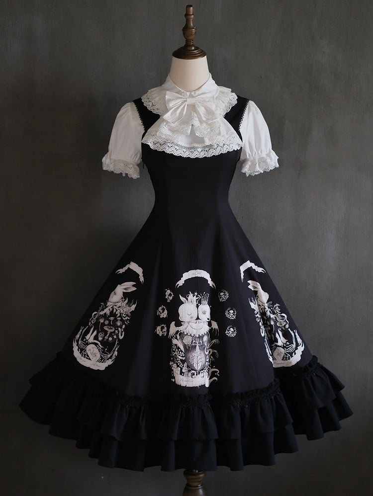 Dark Black Dress Print Waist Gothic Slim Fit Bunny Lolita
