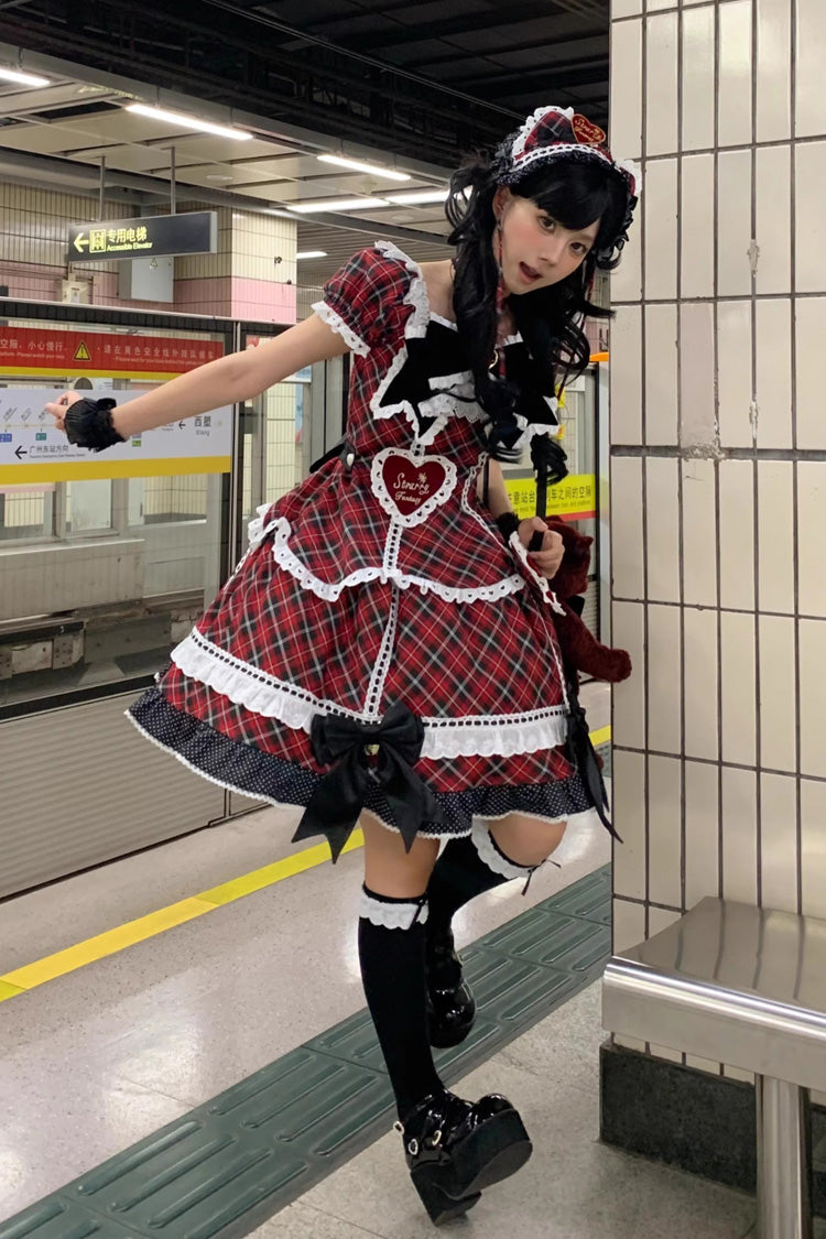 Crimson Shibuya Sweetheart Tartan Print Short Sleeve Frill Bow Sweet Lolita OP Plus Size