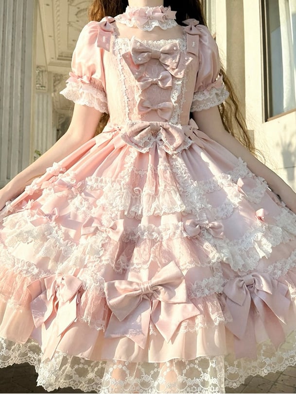 Sleeves Princess Bow Detachable with Dress Sweet High Waist Accents Lolita Pink